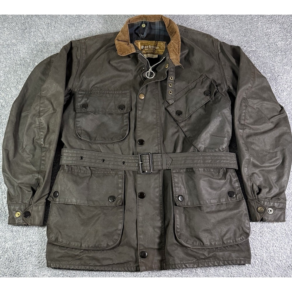 VTG 70s Barbour International Suit Waxed A7 Belted Jacket 40 England 1-Crest